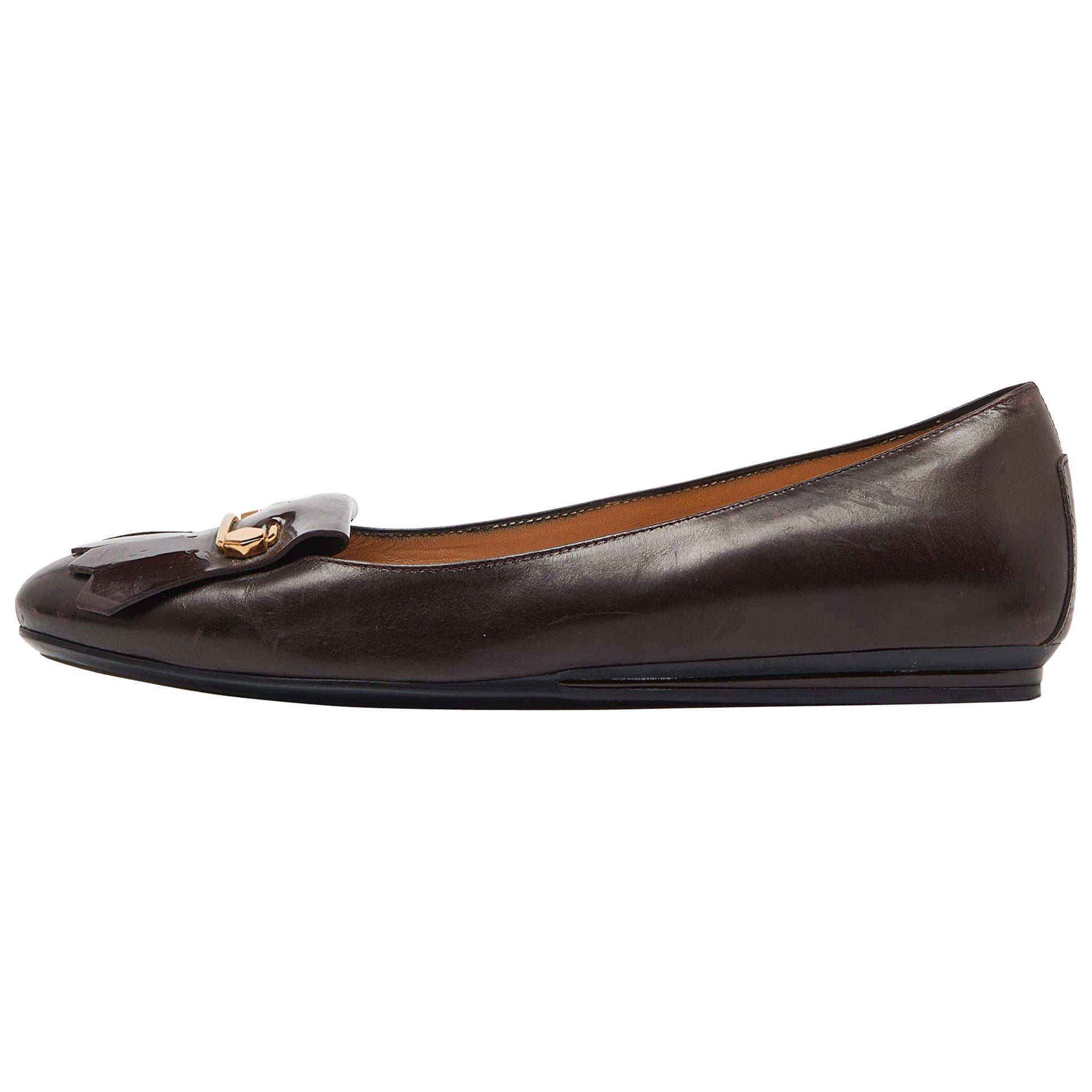 Tod's Burgundy Leather Fringe Detail Ballet Flats Size 38.5 For Sale