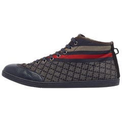 Gucci Navy Blue Leather and Diamante Web Print Nylon High Top Sneakers Size 42.5