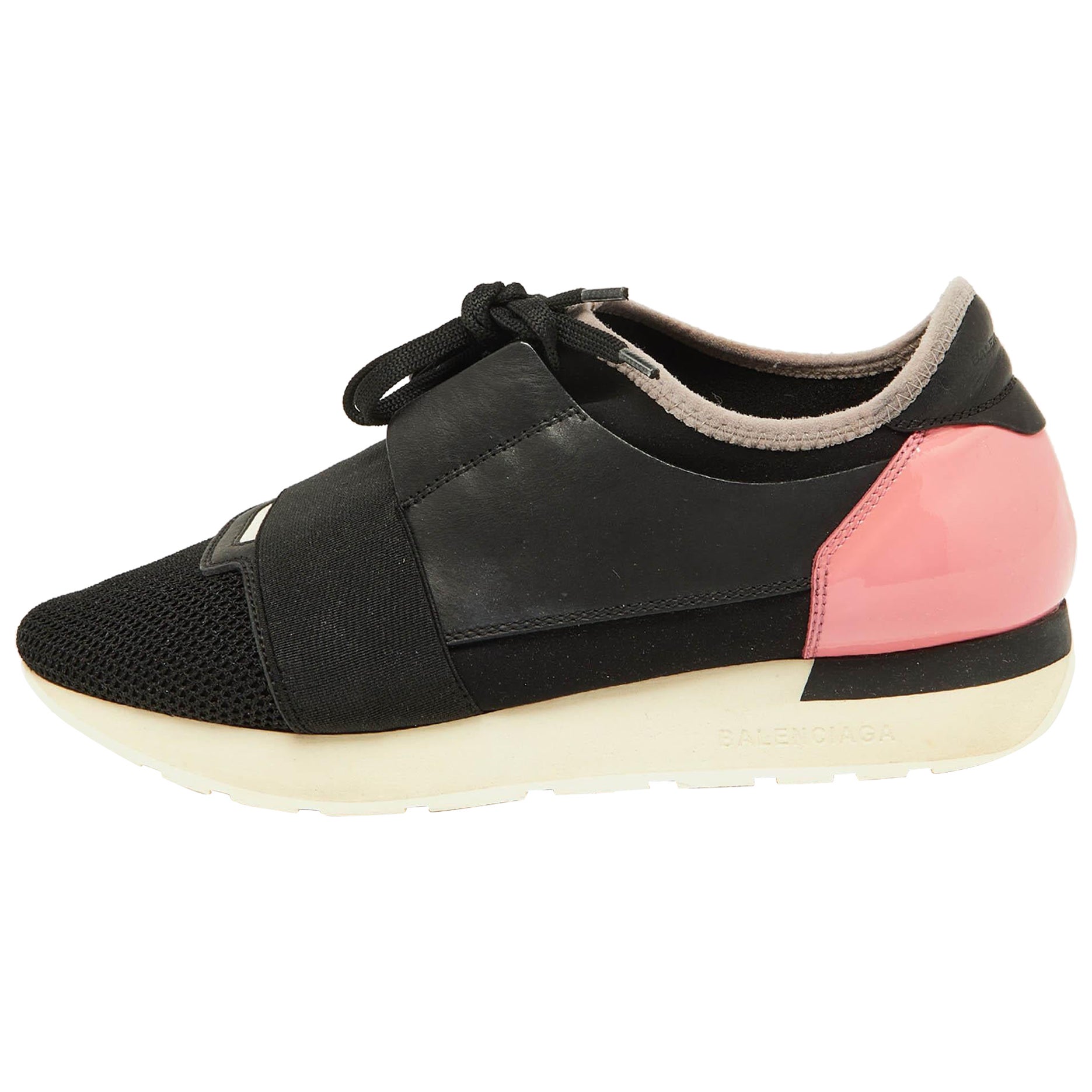 Balenciaga Schwarz/Rosa Lack und Mesh Race Runner Turnschuhe Größe 39