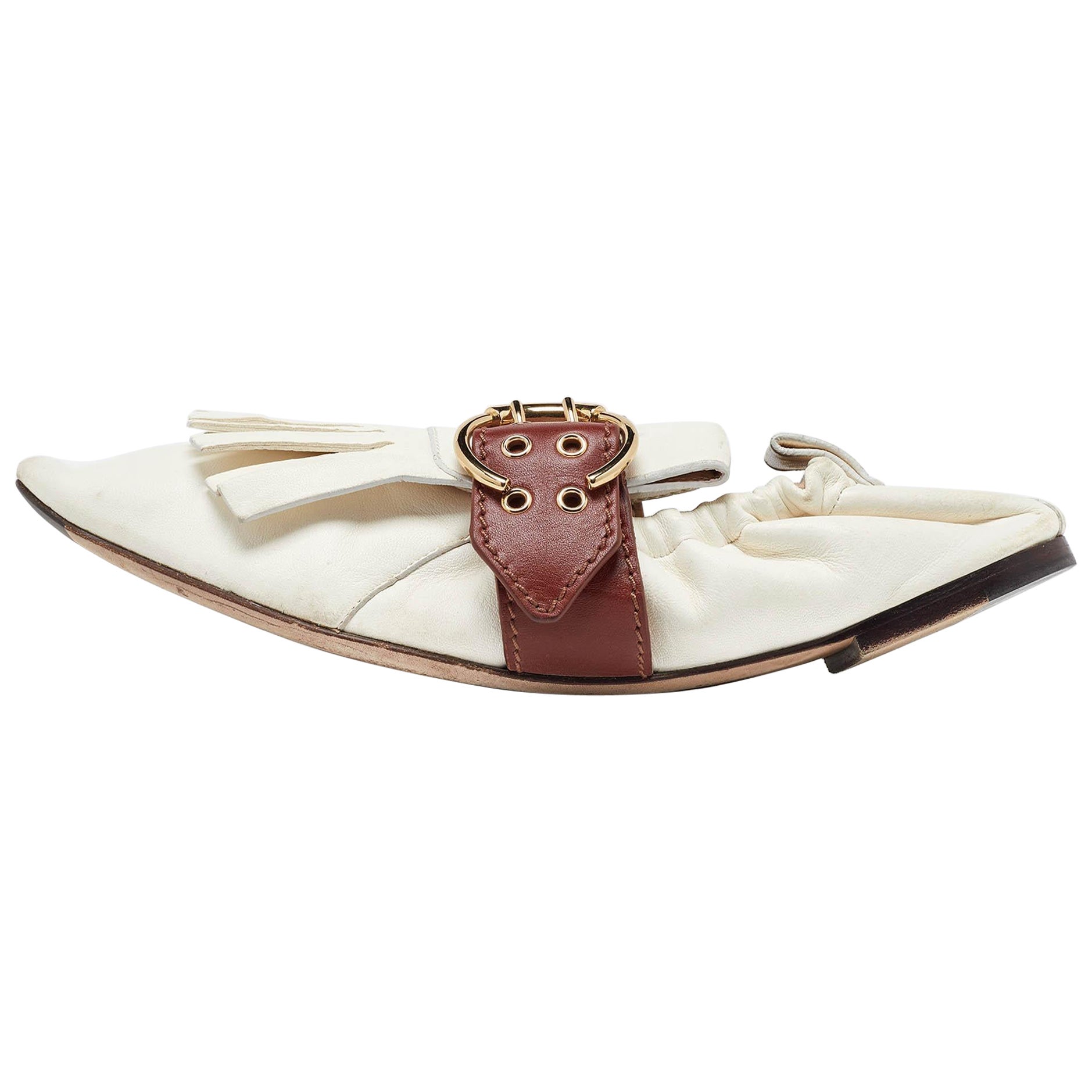 Chloe White/Brown Leather Fringe Ballet Flats Size 41 For Sale
