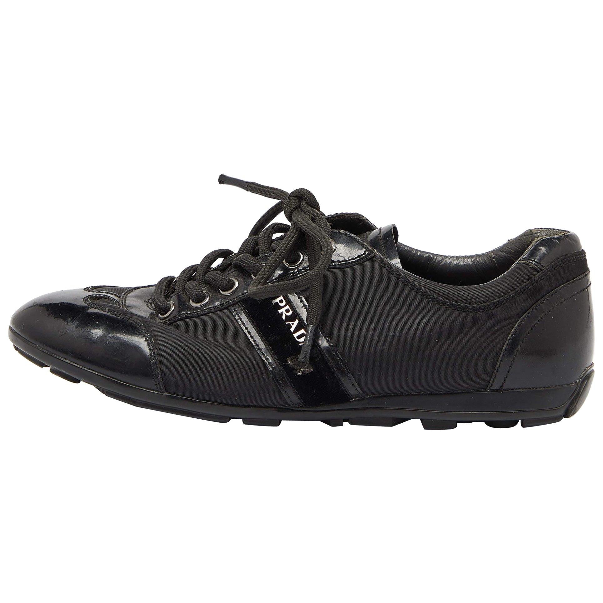 Prada Sport, scarpe da ginnastica basse in pelle nera e nylon, misura 35,5