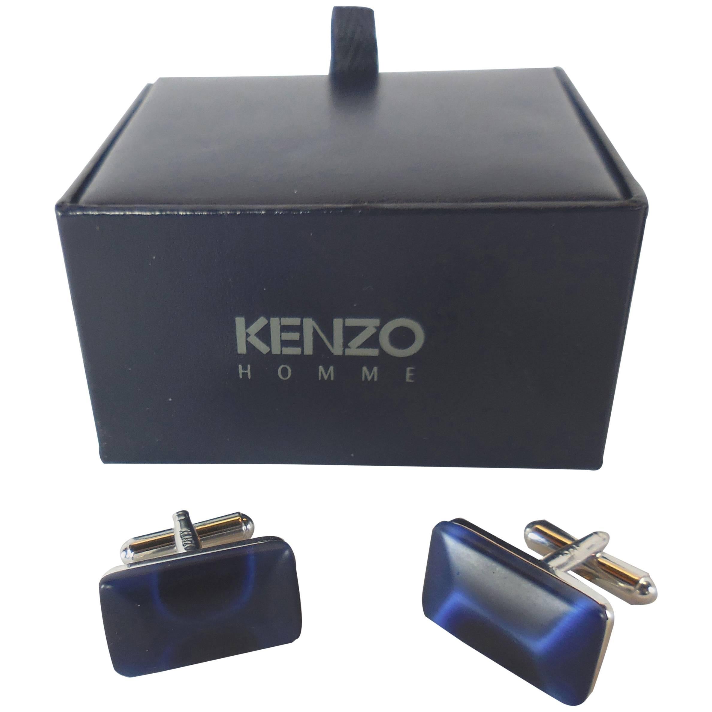 Kenzo Rectangular Cushion Form Faux Blue Tiger-eye Stone Cufflinks