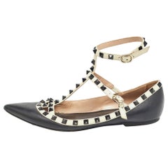 Valentino Black/White Leather Rockstud Ankle Strap Ballet Flats Size 39