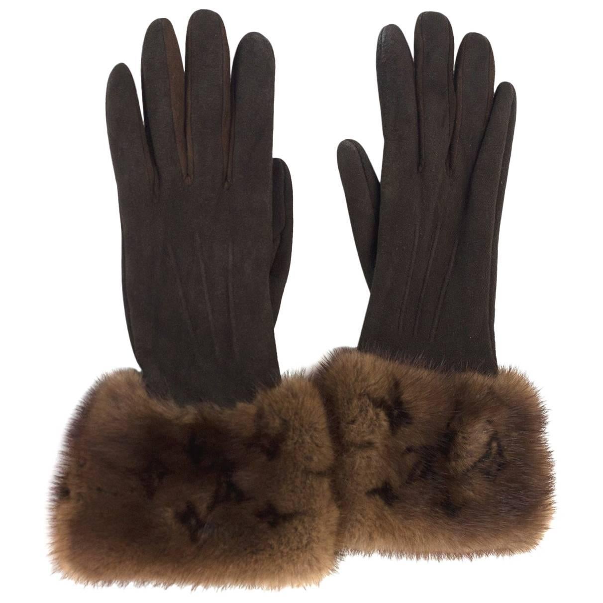 Louis Vuitton Brown Suede & Monogram Mink Fur Gloves sz S