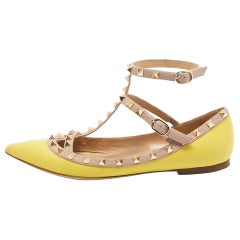 Valentino Yellow/Dusty Pink Leather Rockstud Ankle Strap Flats Size 39