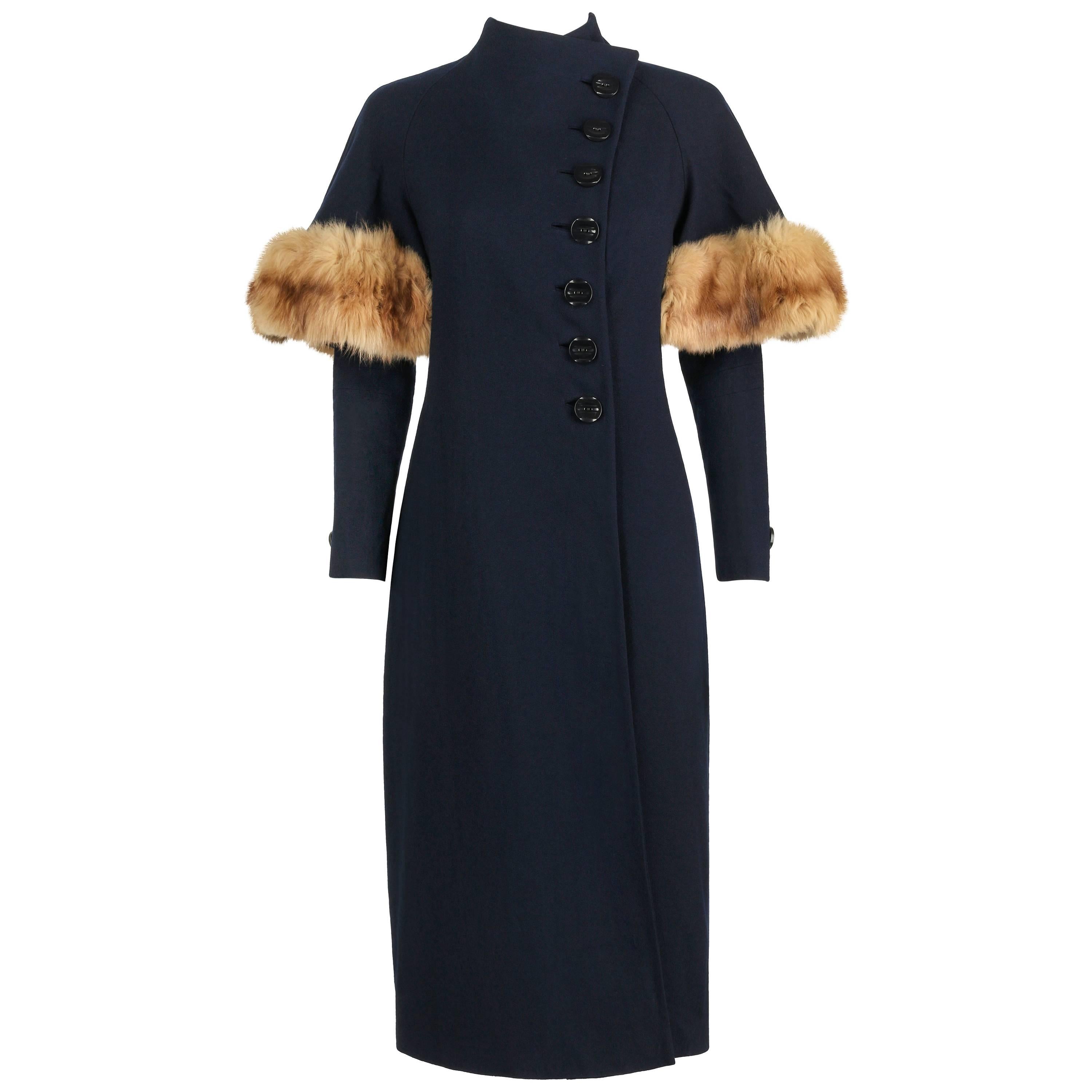 COUTURE 1930's WWII Era Navy Blue Asymmetrical Wool Coat Genuine Fox Fur Trim