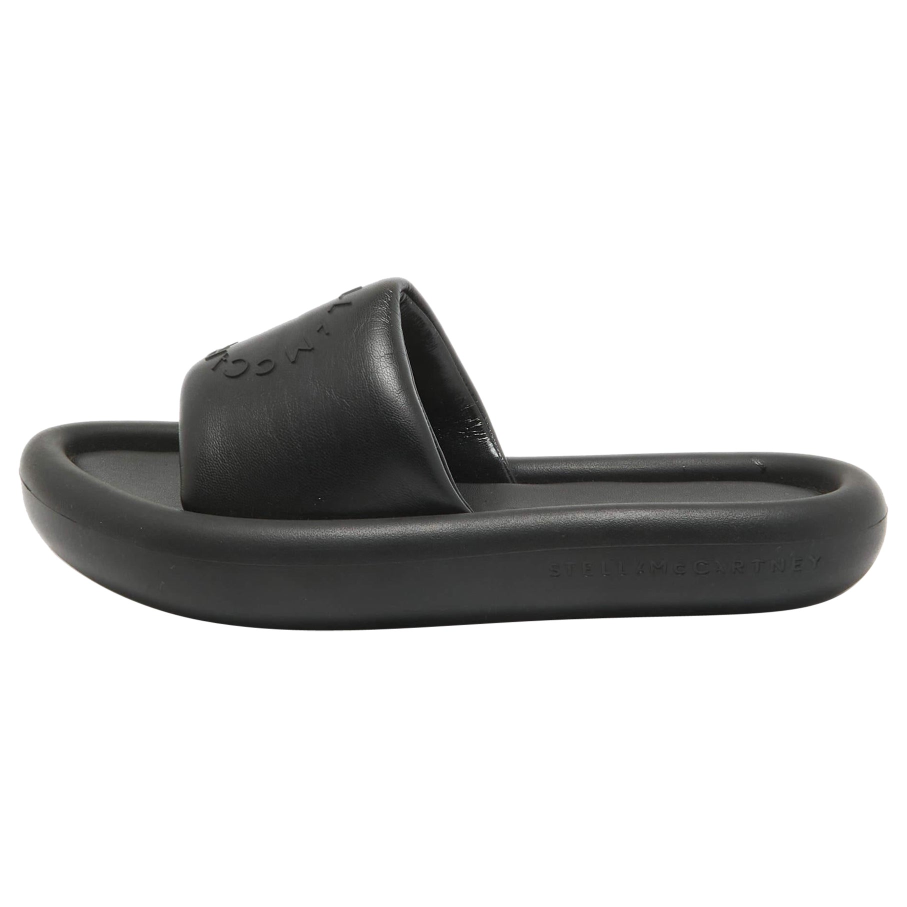 Stella McCartney Black Faux Leather Slides Size 38 For Sale