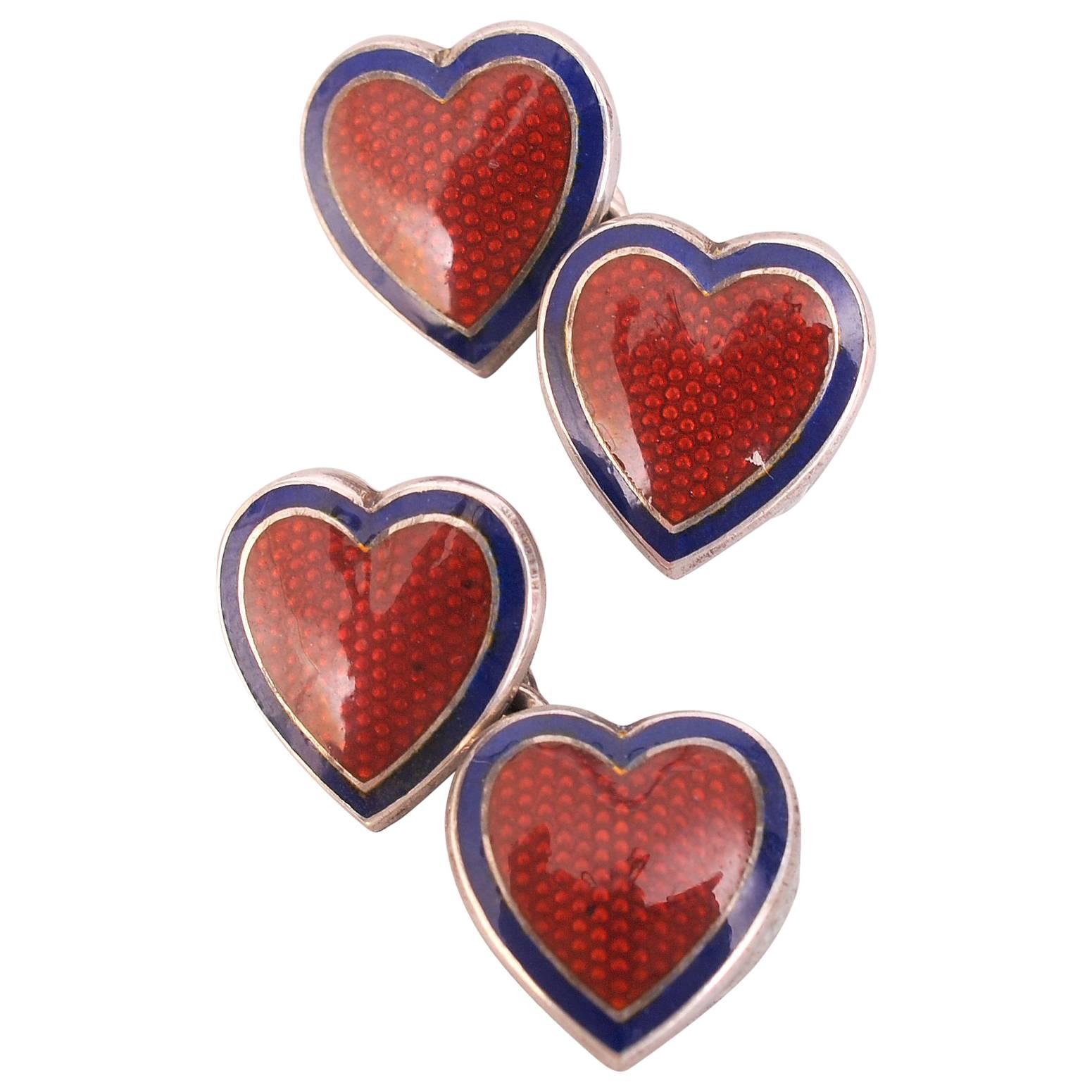 Red Enamel on Sterling Silver Heart Cufflinks