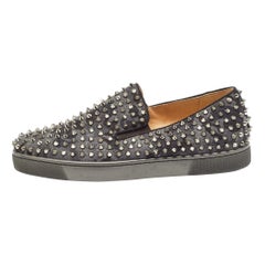 Christian Louboutin Grey Printed Felt Roller Boat Spiked Sneakers Size 43.5