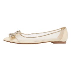 Roger Vivier Beige/Gold Leather & Mesh Crystal Embellished  Ballet Flats Size 34
