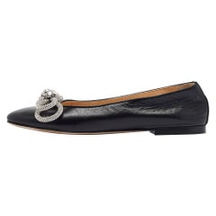 Mach & Mach Black Leather Double Bow Crystal Embellished Ballet Flats Size 40