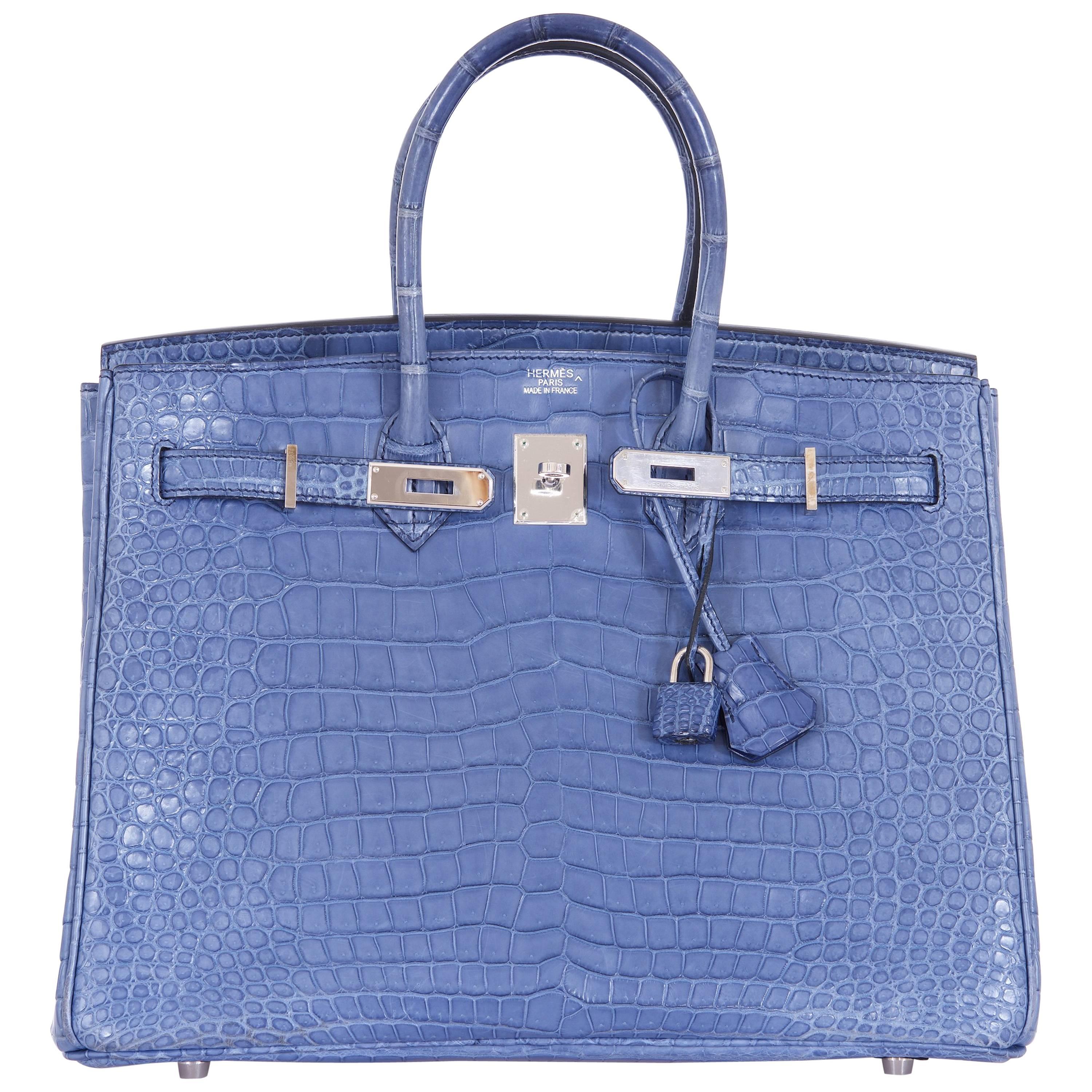 Hermes Birkin Bag 35cm Matte Bleu Brighton Porosus Crocodile Palladium  For Sale