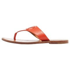 Celine Orange Leather Triomphe Thong Flats Size 37.5