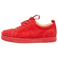 Used Christian Louboutin Red Suede Louis Junior Spikes Sneakers Size 43.5