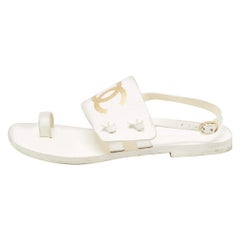Chanel White Leather CC Thong Slingback Flats Size 36