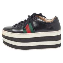 Gucci Black Leather Web Peggy Platform Sneakers Size 36