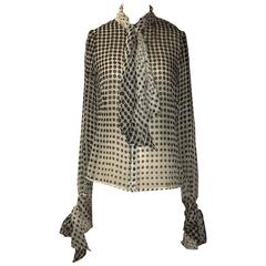 Alexander McQueen 2007 Bow Neck and Sleeve Black and White Silk Polka Dot Blouse