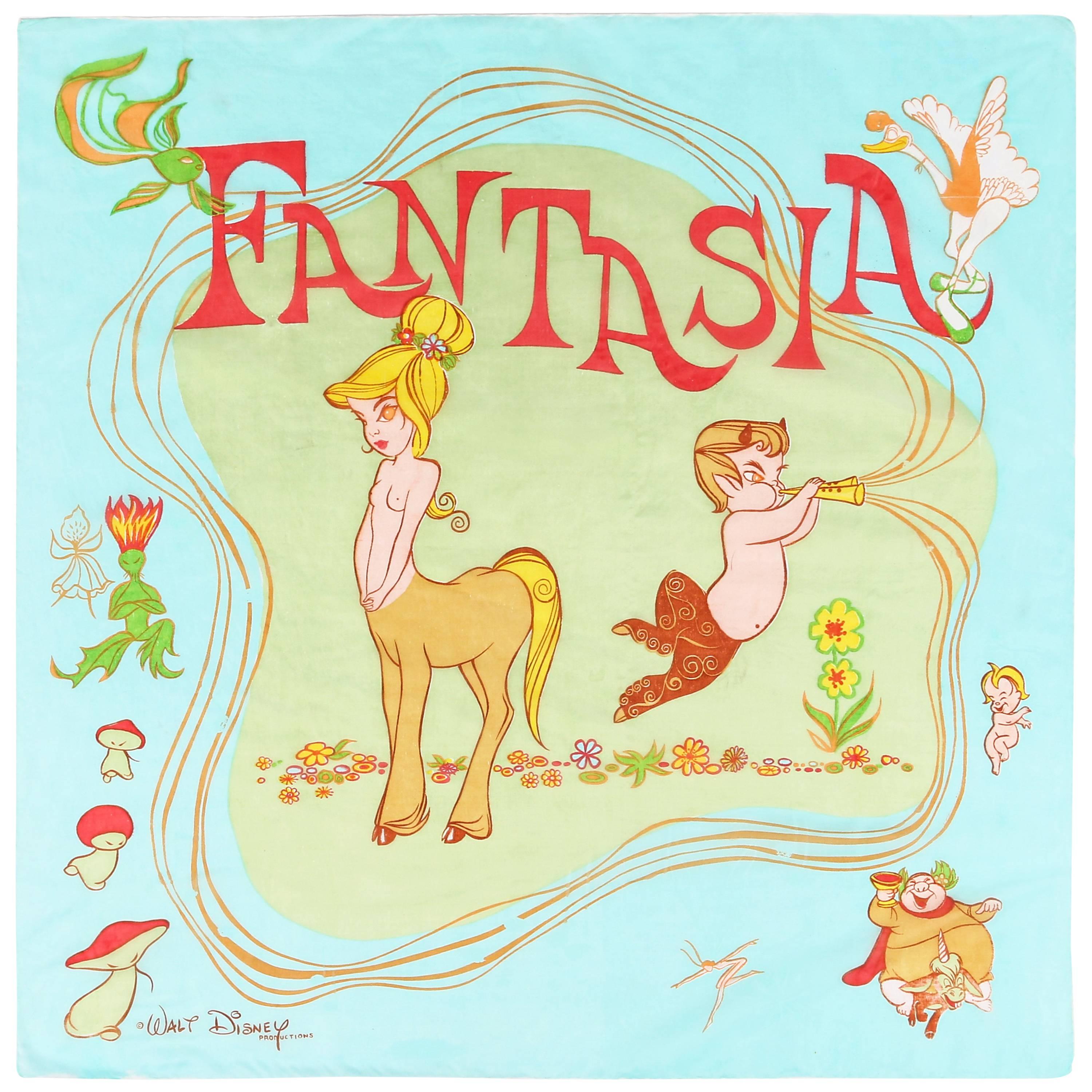 WALT DISNEY c.1940 "Fantasia" Topless Centaur Character Print Silk Chiffon Scarf