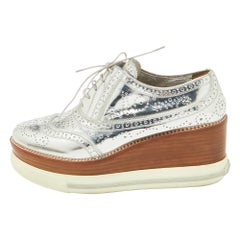 Miu Miu Metallic Silver Brogue Leather Platform Lace Up Oxfords Size 40
