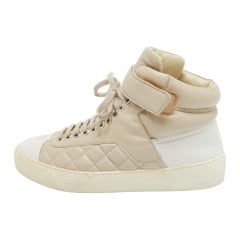 Chanel White/Pink Quilted Leather CC High Top Sneakers Size 35