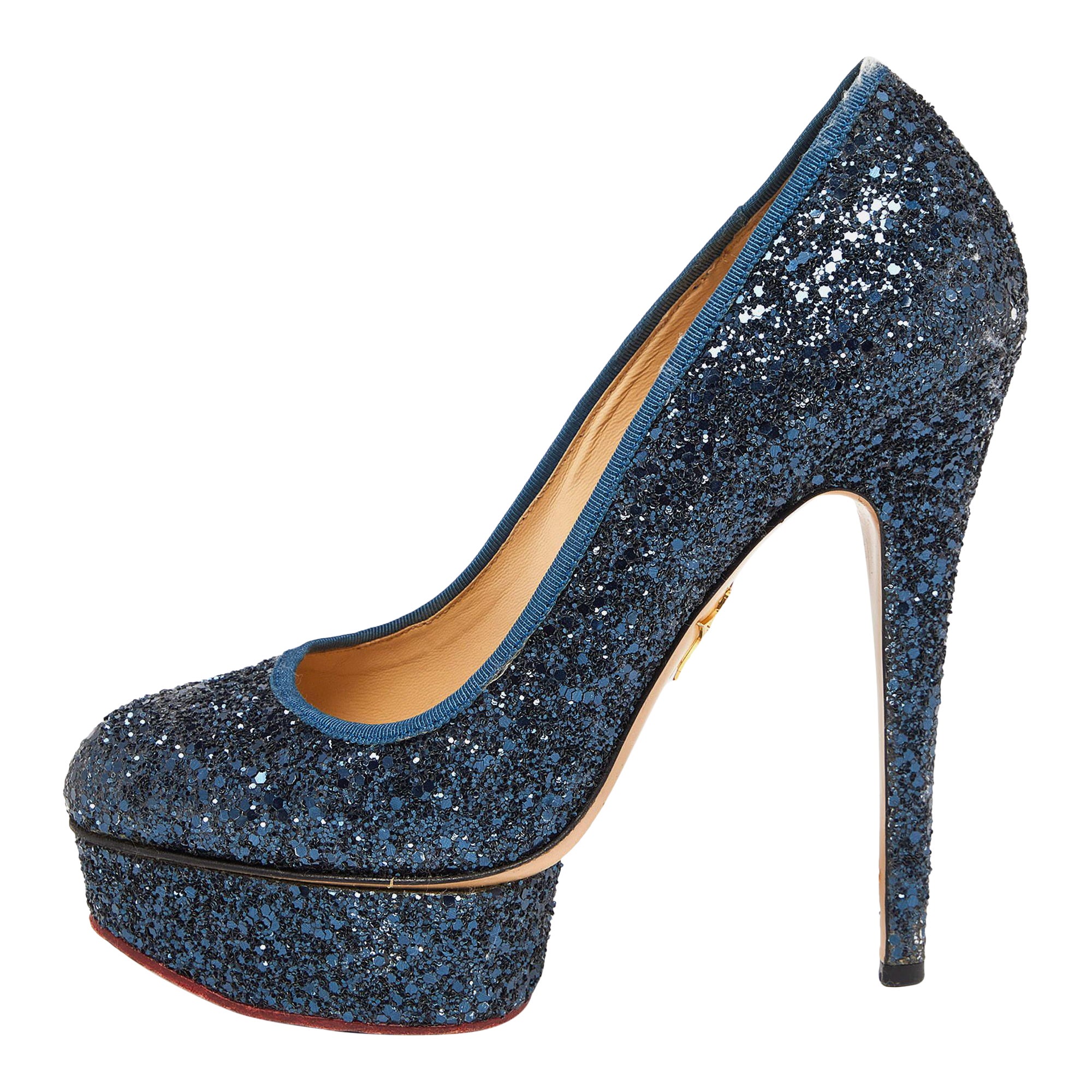 Charlotte Olympia Blue Glitter and Fabric Priscilla Platform Pumps Size 38 For Sale