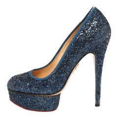 Charlotte Olympia Blue Glitter and Fabric Priscilla Platform Pumps Size 38