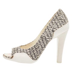 Chanel Off White/Black Tweed and Leather Open Toe Pumps Size 38