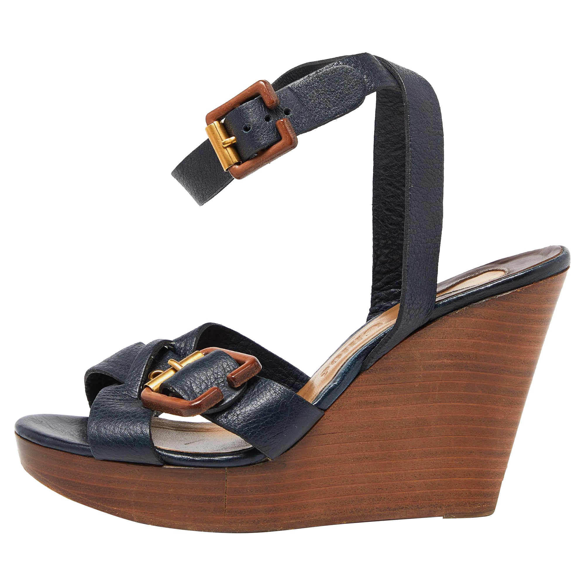 Chloe Navy Blue Leather Buckle Detail Wedge Platform Ankle Wrap Sandals Size 38 For Sale