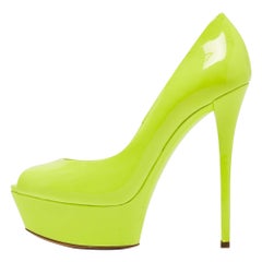 Casadei Lime Green Patent Leather Daisy Peep Toe Platform Pumps Size 37