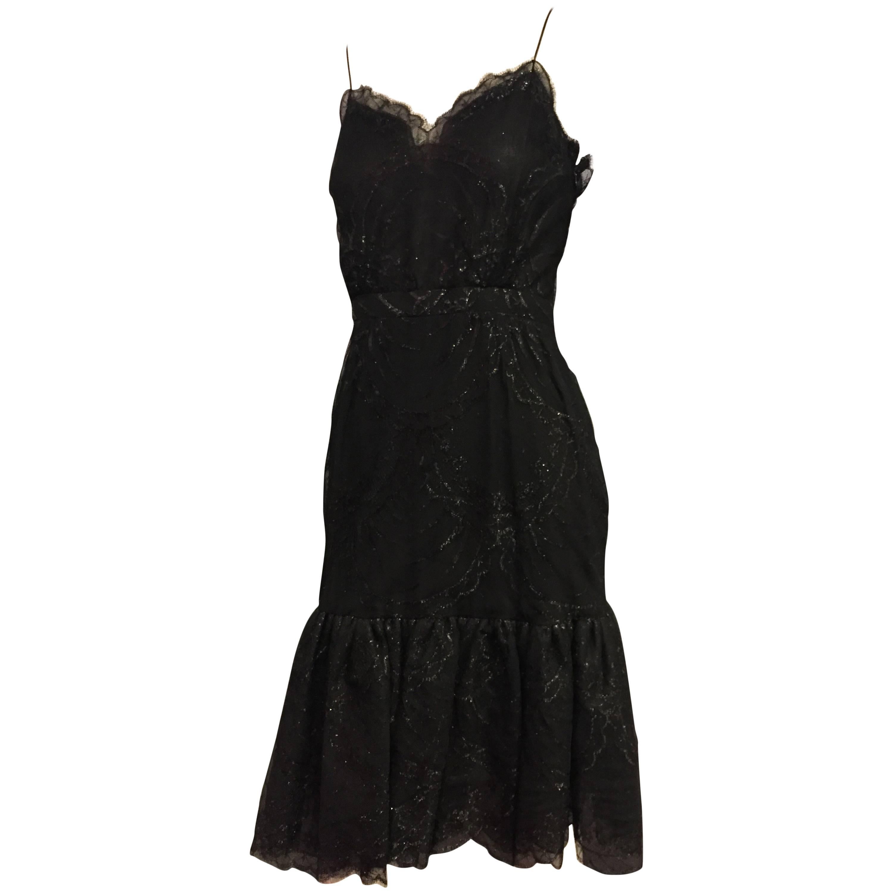 Bill Blass Black Silk Lace Slip-Style Cocktail Dress w Gathered Net Flounce Hem 
