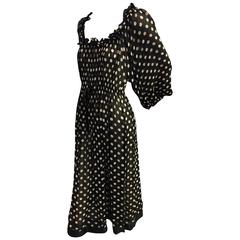 1970s French Silk Chiffon Polka-Dot "Peasant"Style Day Dress w Balloon Sleeve