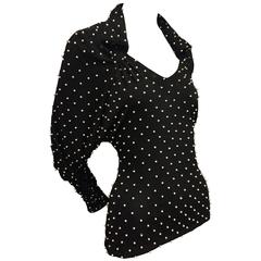 1980s Norma Kamali Black Jersey Pearl Studded Blouse with 43" Push-Up Sleeves 11