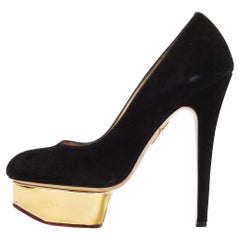 Charlotte Olympia Black Suede Dolly Platform Pumps Size 37.5