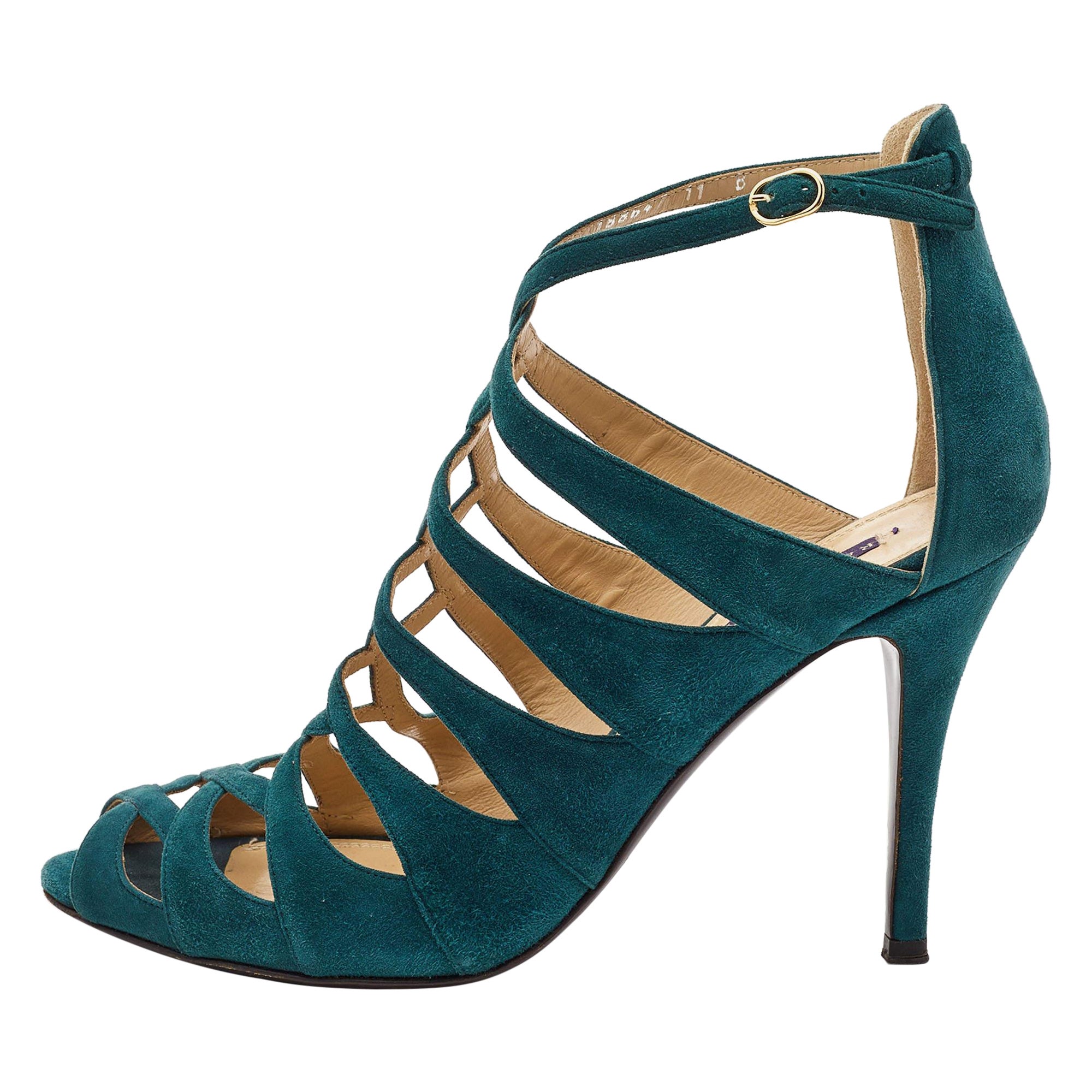 Ralph Lauren Collection'S Sandali con cinturino alla caviglia in pelle scamosciata verde misura 41,5 in vendita