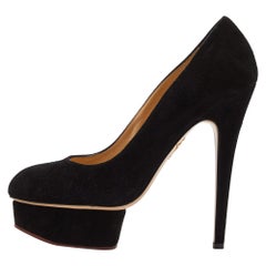 Charlotte Olympia Black Suede Dolly Platform Pumps Size 38.5