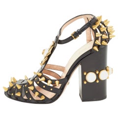 Gucci Black Leather Kendall Embellished Block Heel Ankle Strap Sandals Size 38.5