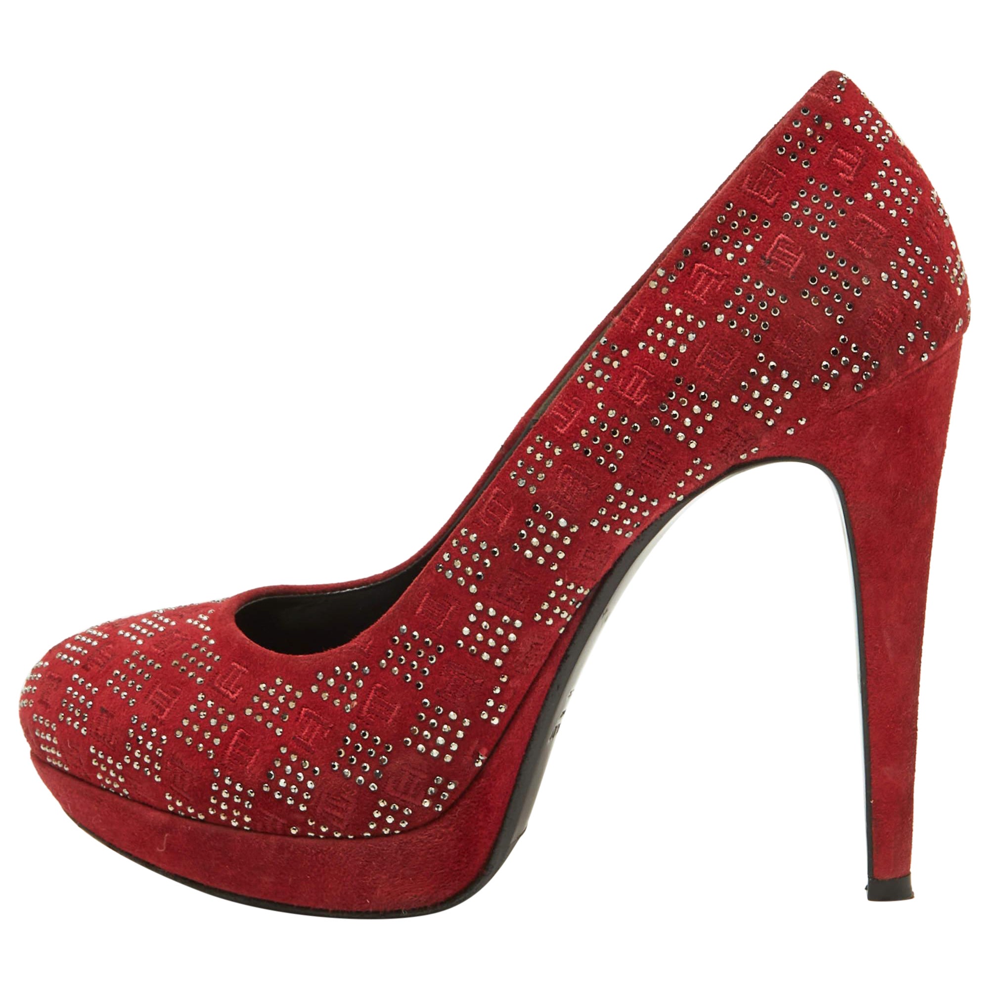 Loriblu Red Suede Crystal Embellished Platform Pumps Size 38 For Sale