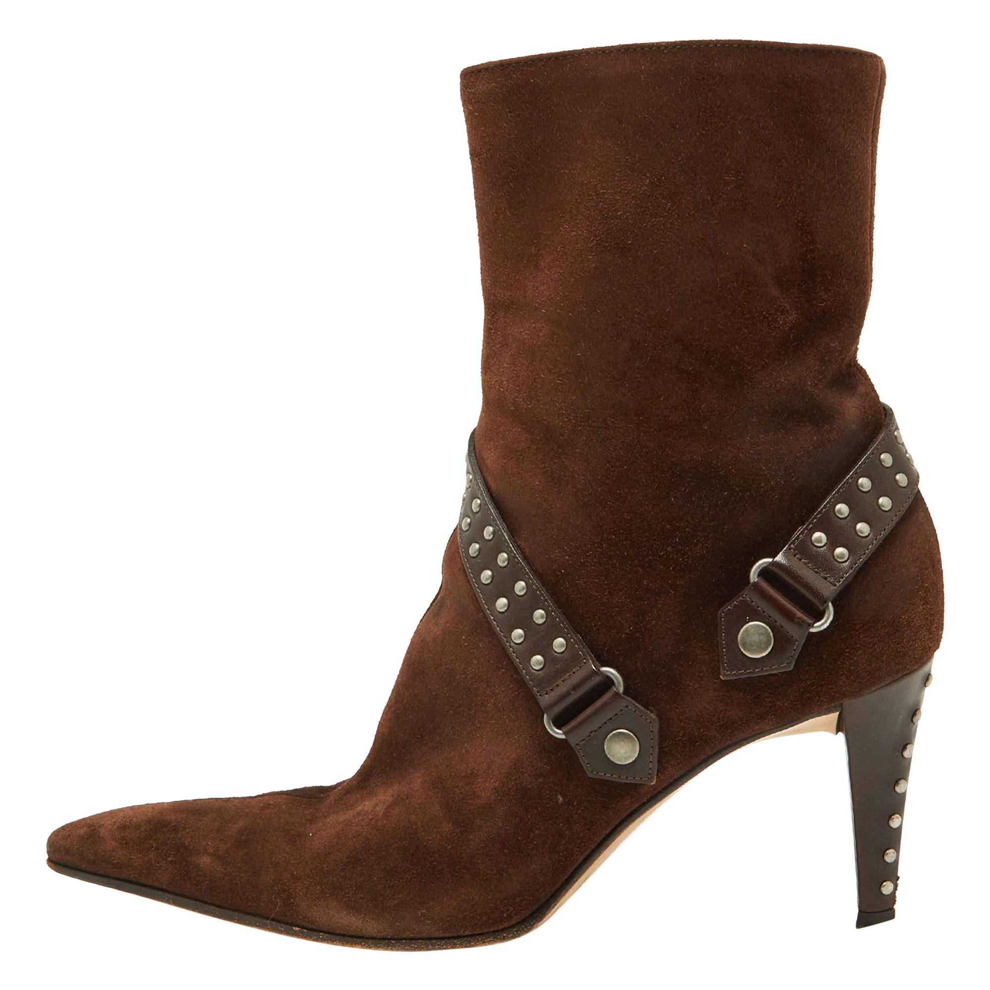 Sergio Rossi Brown Suede and Leather Studded Ankle Boots Size 37