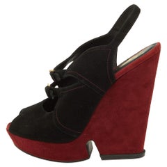 Yves Saint Laurent Black/Burgundy Suede Slingback Wedge Sandals Size 41