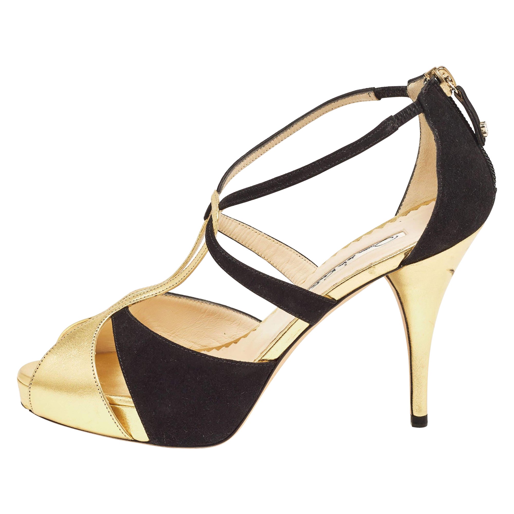 Oscar de la Renta Gold/Schwarze Sandalen aus Leder und Wildleder mit Knöchelriemen Größe 36,5