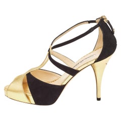 Oscar de la Renta Gold/Black Leather and Suede Ankle Strap Sandals Size 36.5
