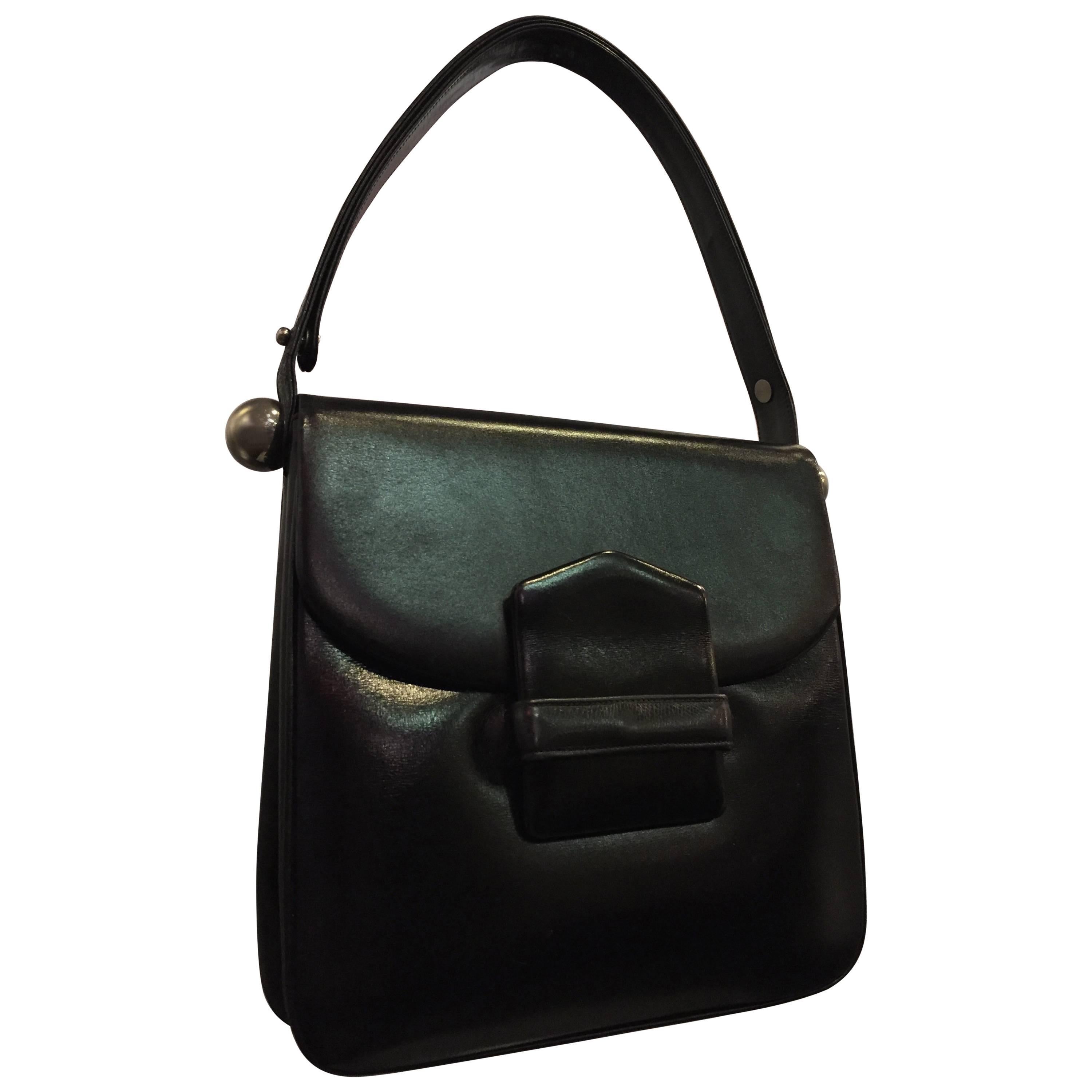 1960s Mod Saks Fifth Avenue Black Calf Skin Shoulder Bag w Chrome Ball Detail 