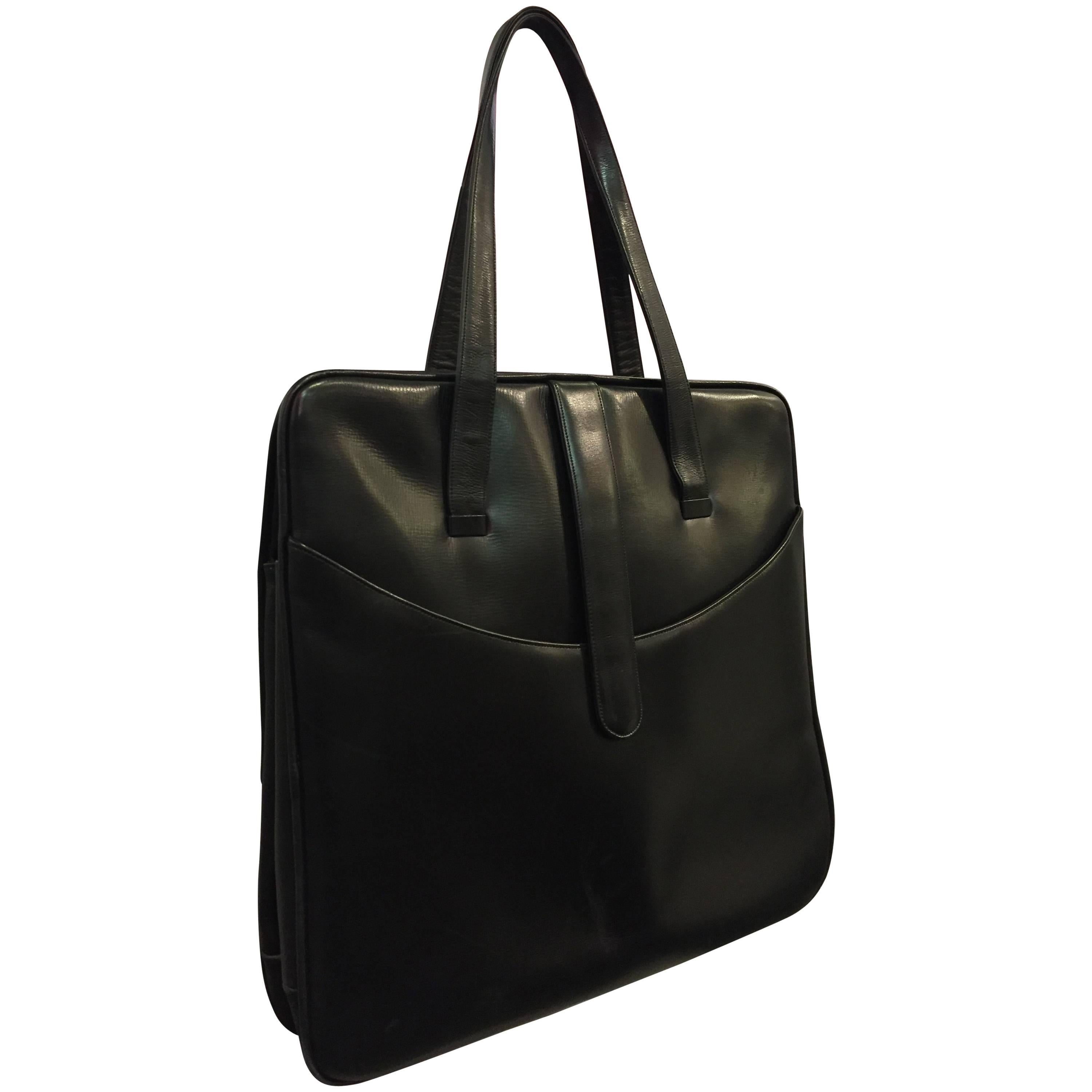1960s I.Magnin Large Black Calf Skin Large Tailored Handbag
