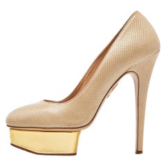 Charlotte Olympia Beige/Gold Karung Leather Dolly Platform Pumps Size 39