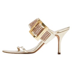 Gina Gold Crystal Embellished Leather Slide Sandals Size 37.5