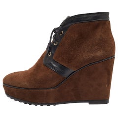 Tod's Brown/Black Suede and Leather Wedge Oxford Boots Size 37.5