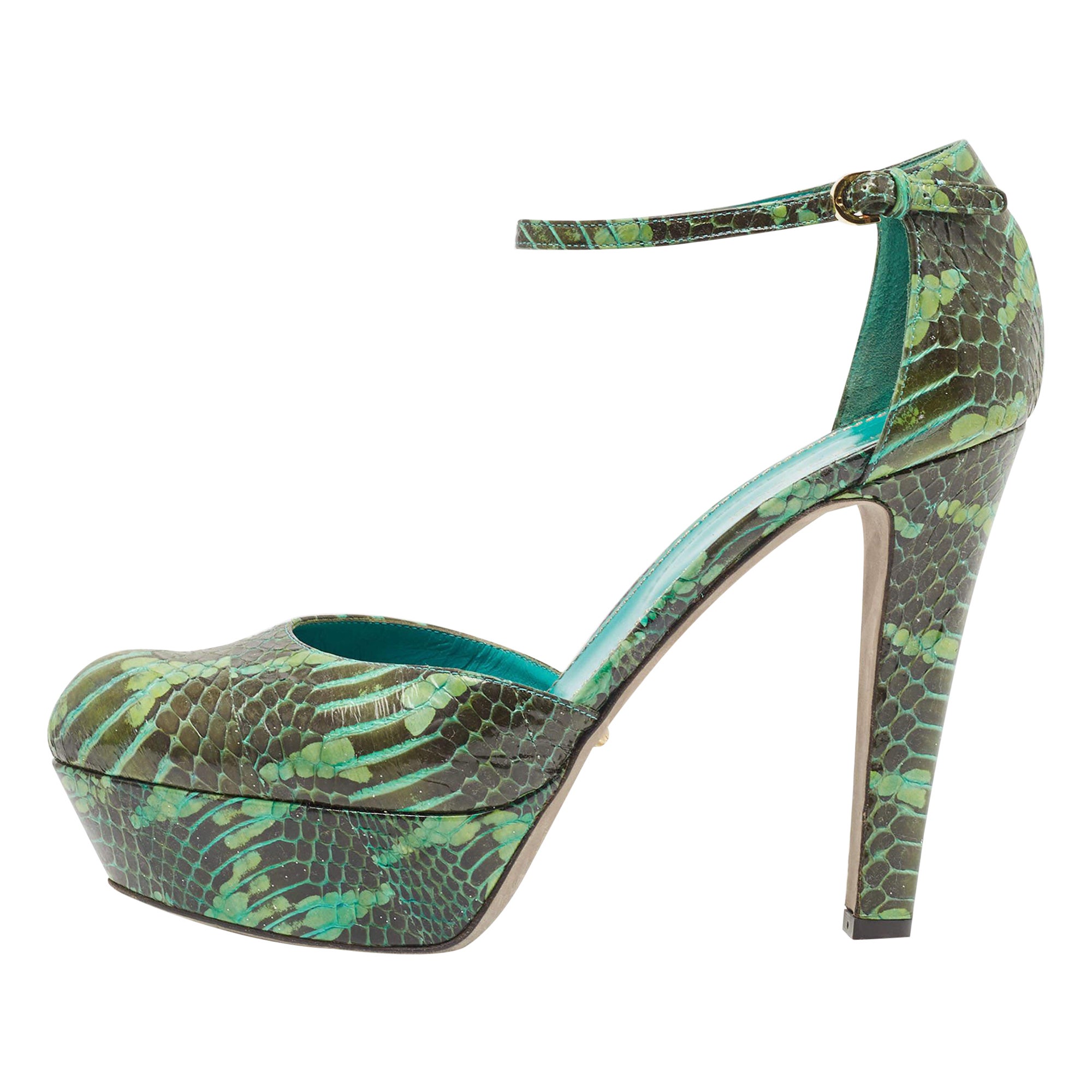 Sergio Rossi Two Tone Watersnake Platform Ankle Strap Pumps Size 39.5