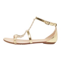 Jimmy Choo Gold Textured Leather Wyatt Flat Sandals Size 36