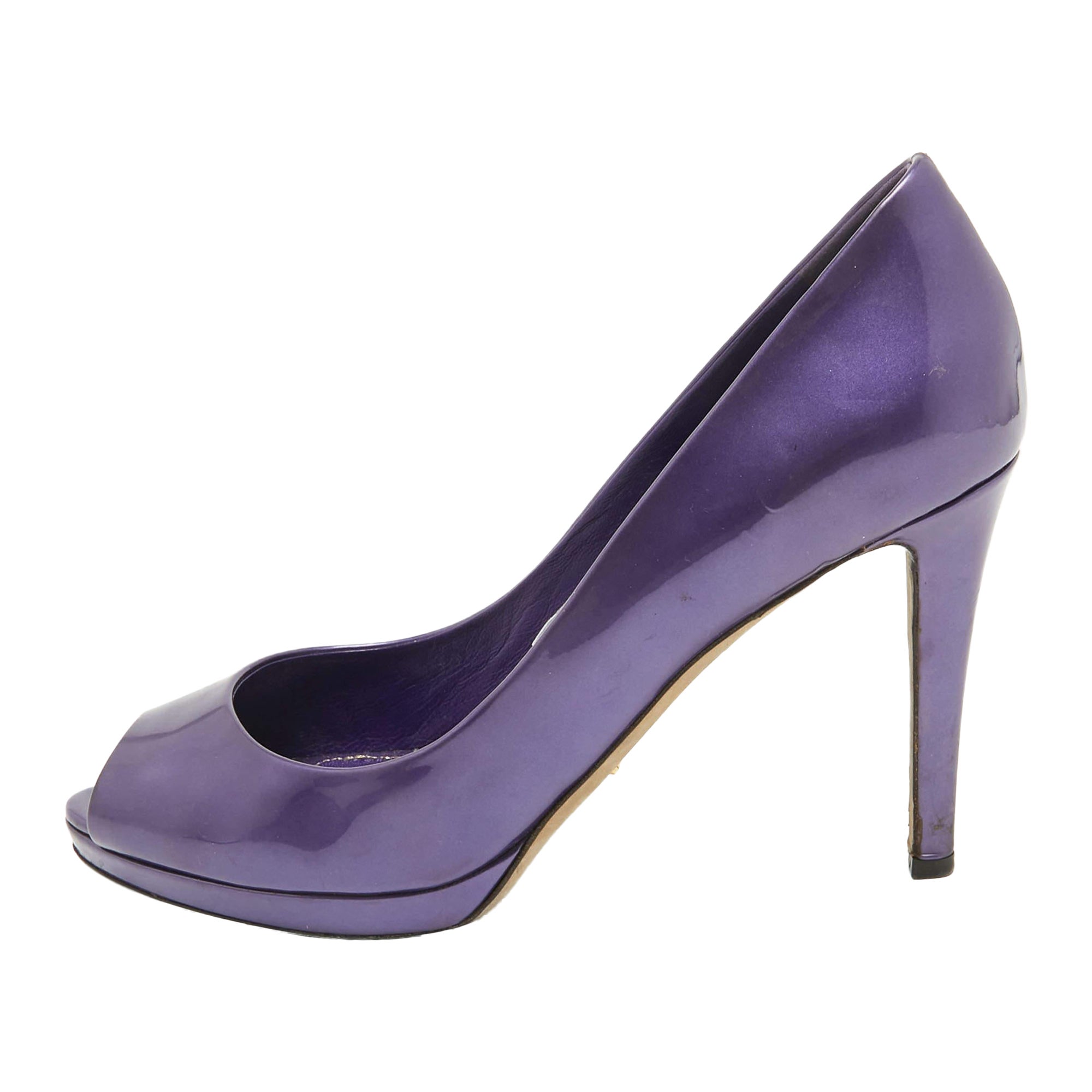 Sergio Rossi Purple Patent Leather Peep Toe Platform Pumps Size 38.5 For Sale