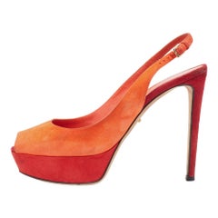 Sergio Rossi Orange Suede Peep Toe Slingback Pumps Size 37.5